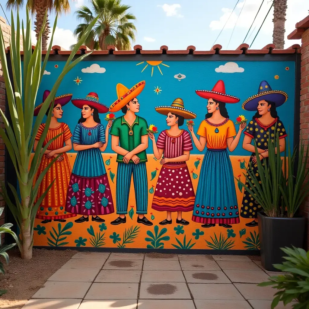 a photo of a backyard mural showcasing vibrant Mexican folklore