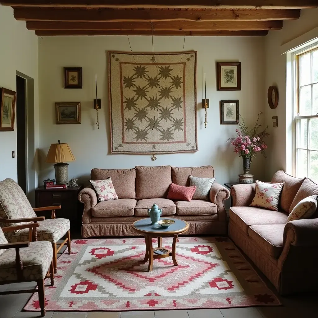 a photo of a living room adorned with handmade quilts and vintage decor