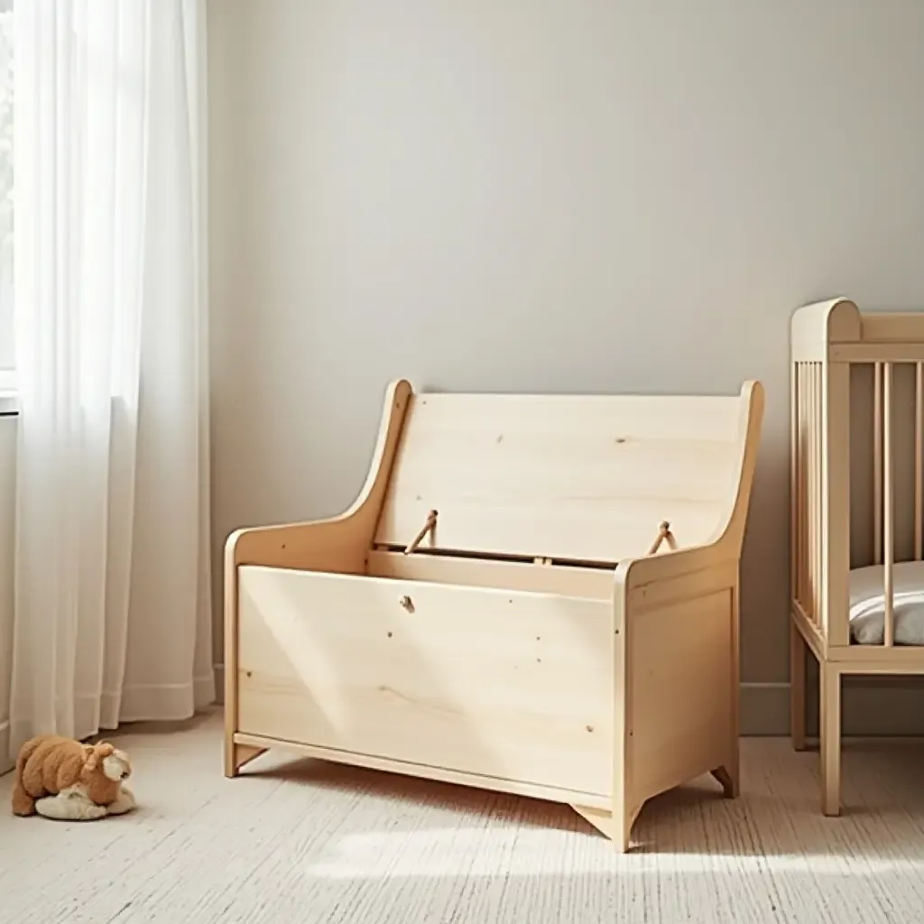 a photo of a wooden toy chest in a playful nursery