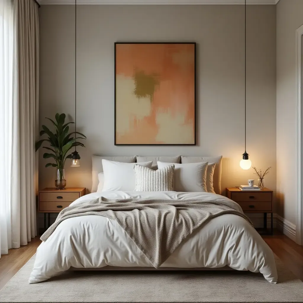 a photo of a cozy bedroom featuring a statement wall art