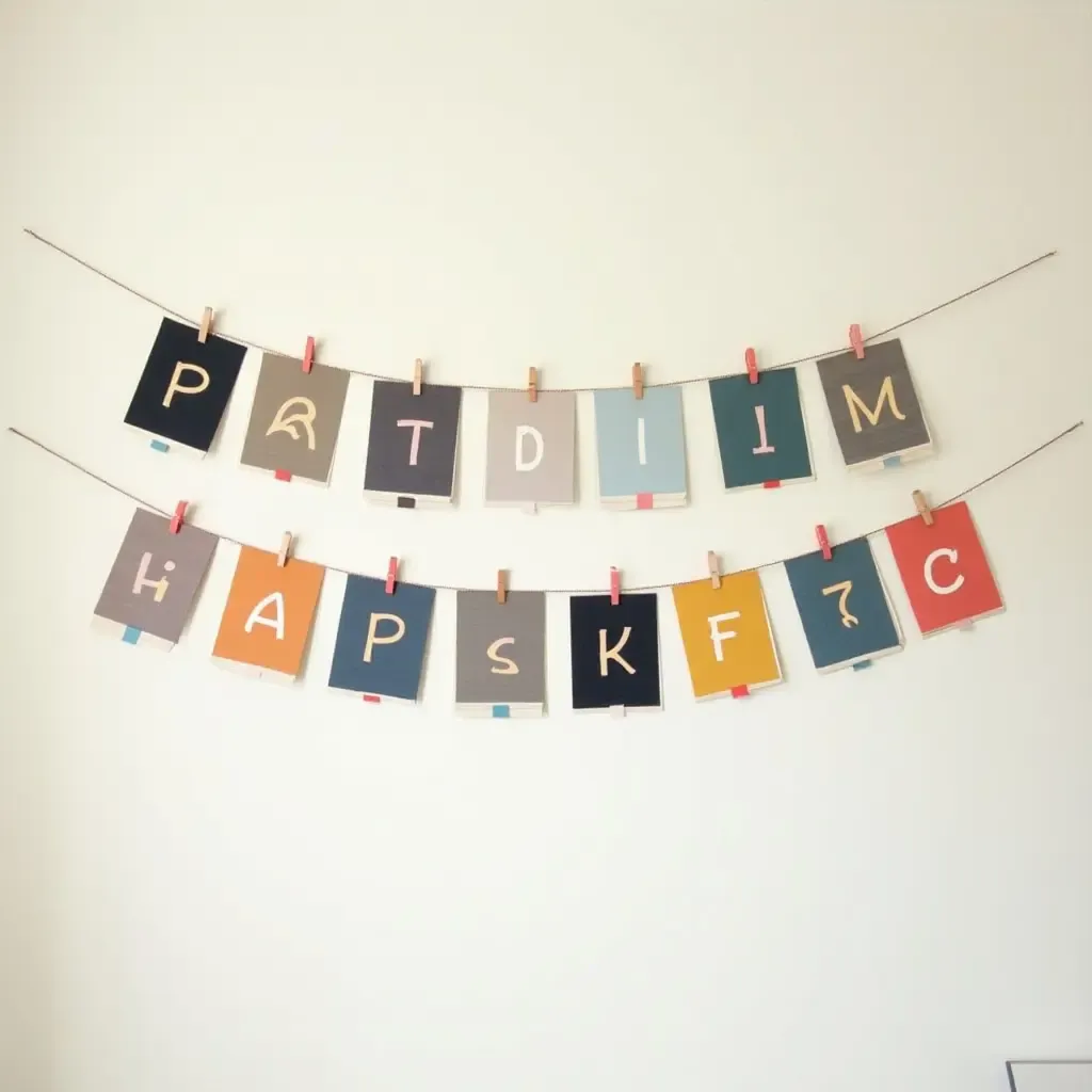 a photo of a colorful photo banner strung across a wall