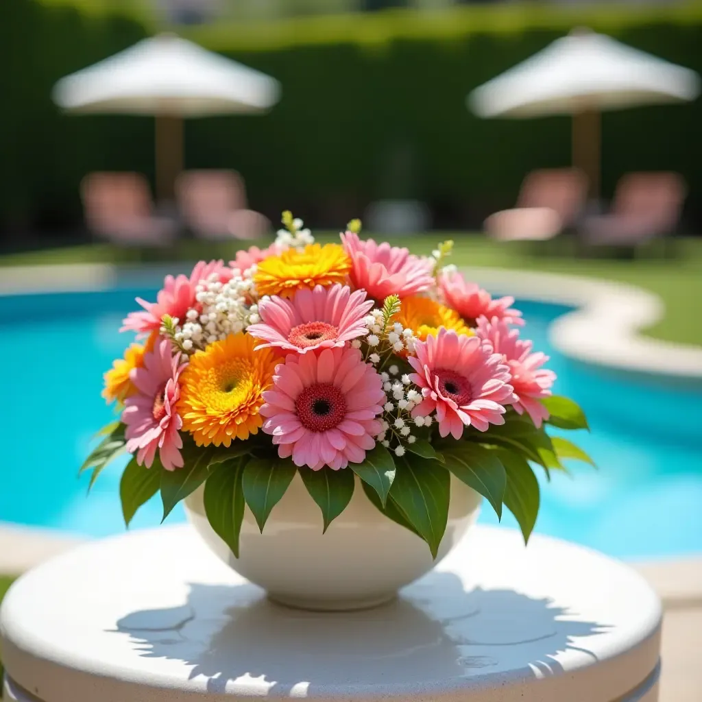 a photo of a colorful flower arrangement on a poolside table