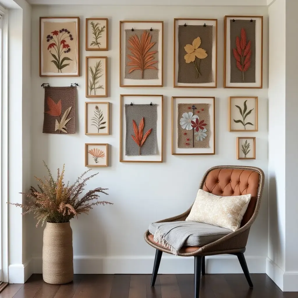 a photo of a basement wall with framed fabric swatches and textile art