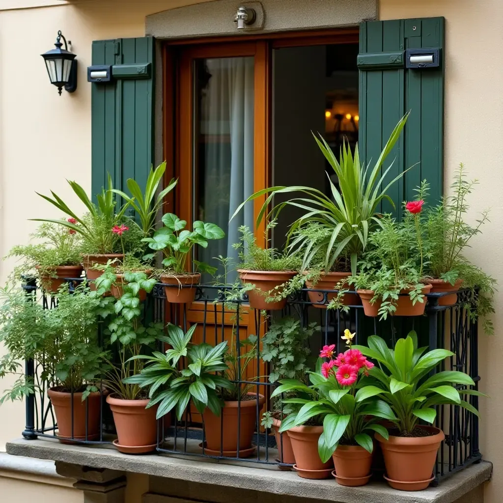 a photo of a balcony with a colorful arrangement of tropical plants