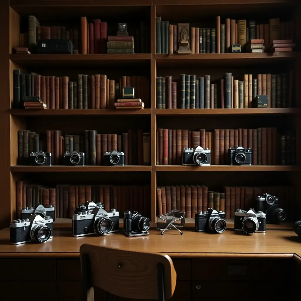 a photo of a library with a collection of vintage cameras and books