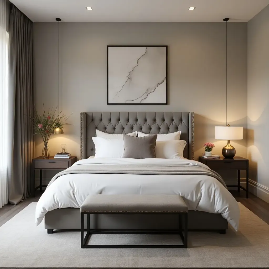 a photo of a chic bedroom with a statement headboard and stylish accessories