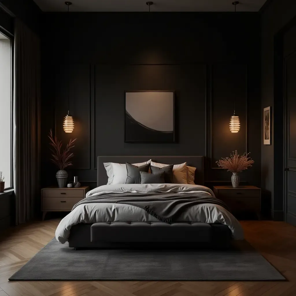 a photo of a sophisticated bedroom with a dark palette and artistic decor