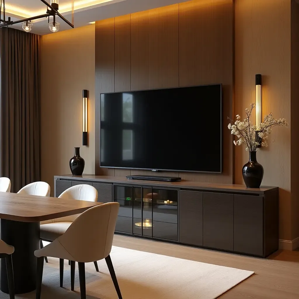 a photo of a luxurious dining room with a TV placed behind a glass console