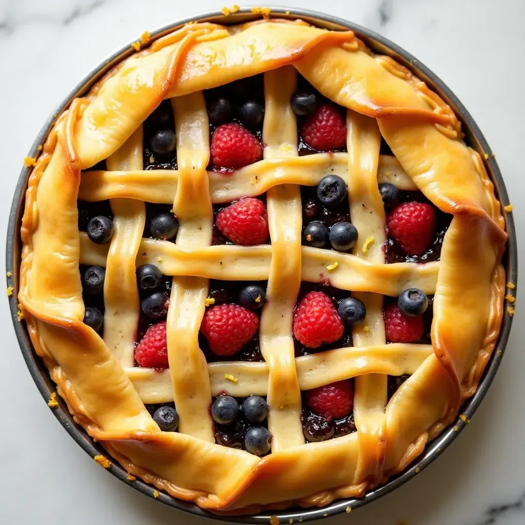 a photo of phyllo dough lattice pie filled with mixed berries and lemon zest.