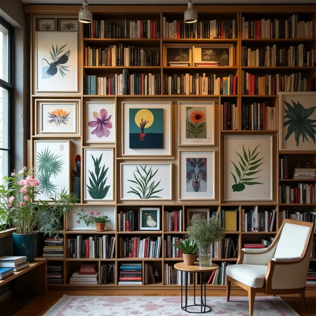 a photo of a library wall filled with inspiring art from local artists