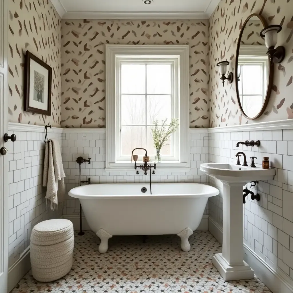 a photo of a charming bathroom with mismatched vintage tiles