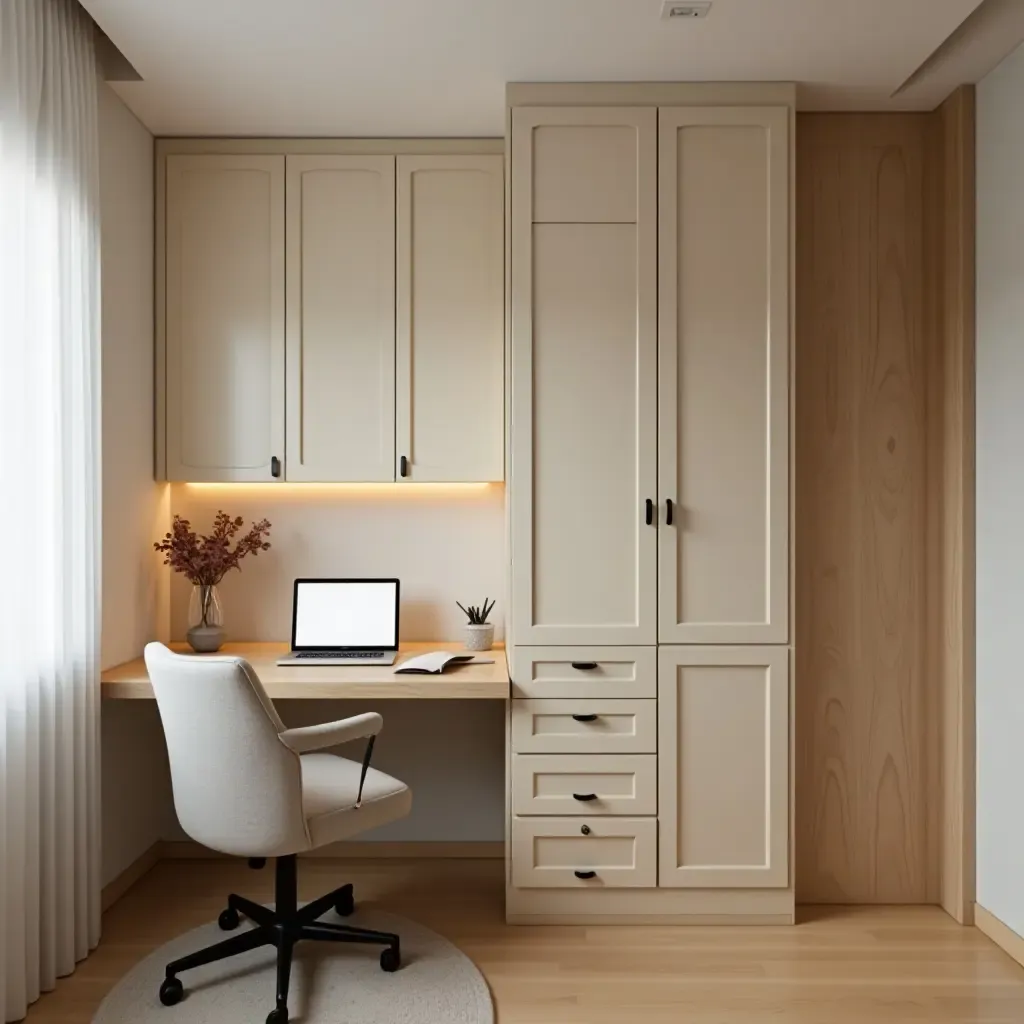 a photo of a small bedroom featuring a foldable desk