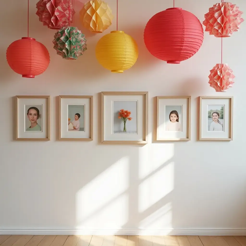 a photo of a gallery wall decorated with colorful paper lanterns and photos