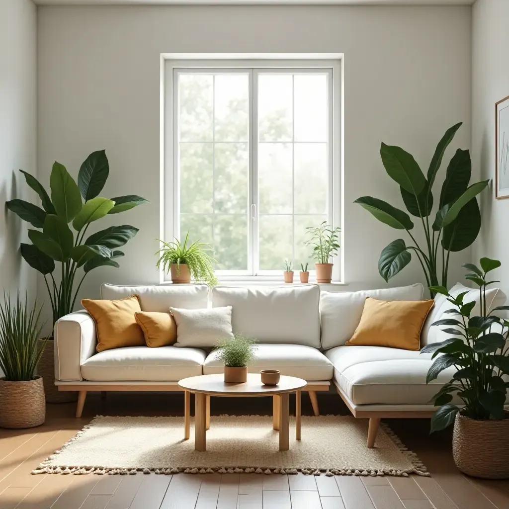 a photo of a sunlit living room with indoor plants and natural decor