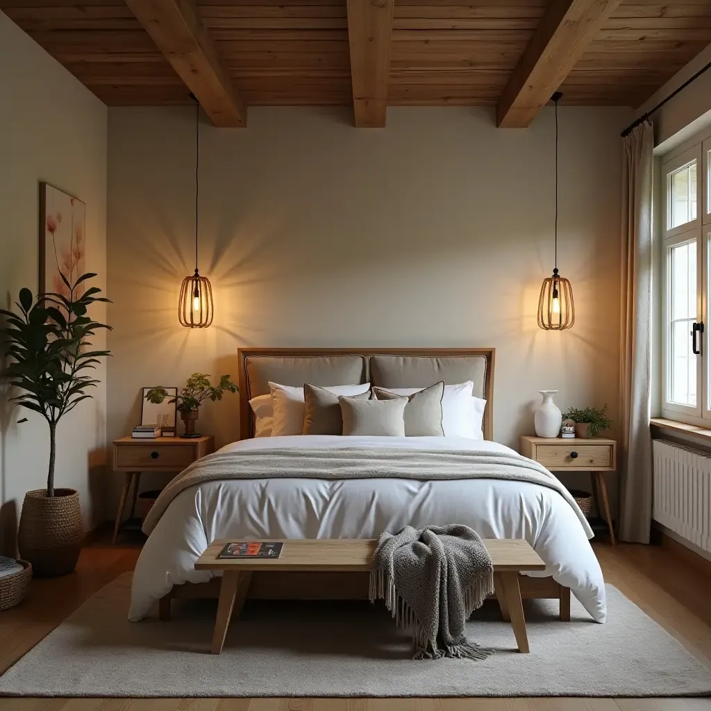 a photo of a rustic teen bedroom with wooden pendant lights