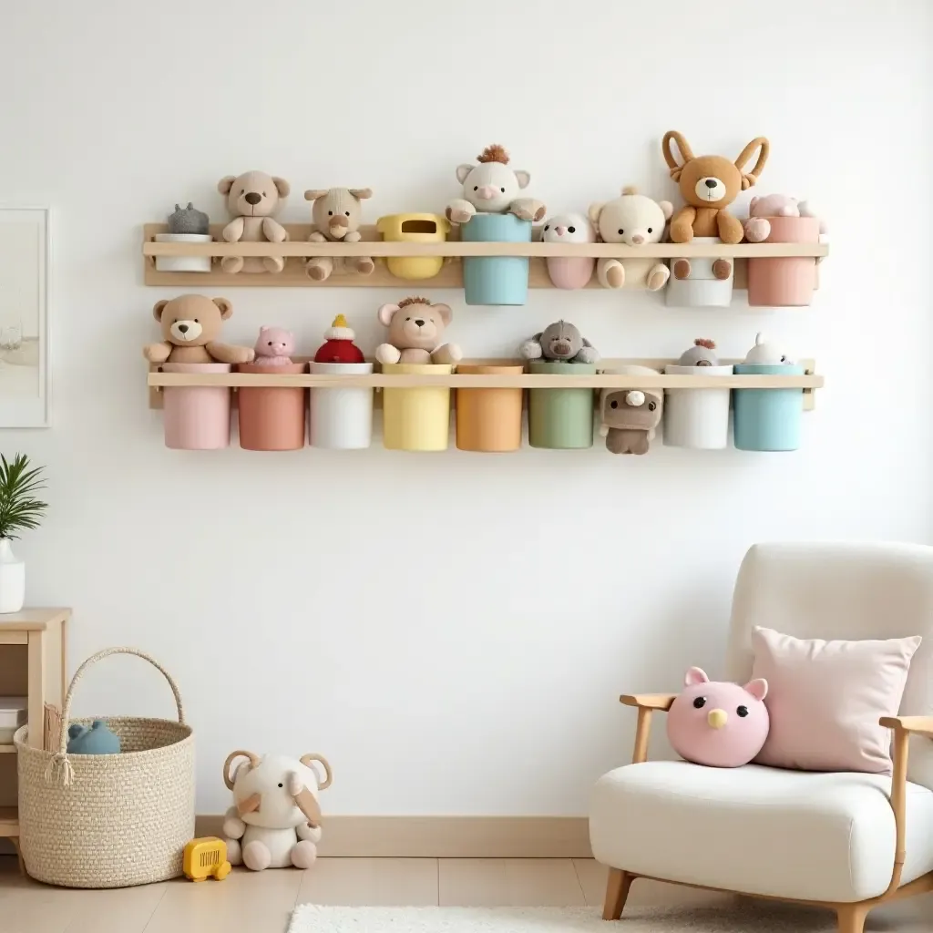 a photo of a nursery with a colorful wall-mounted toy organizer