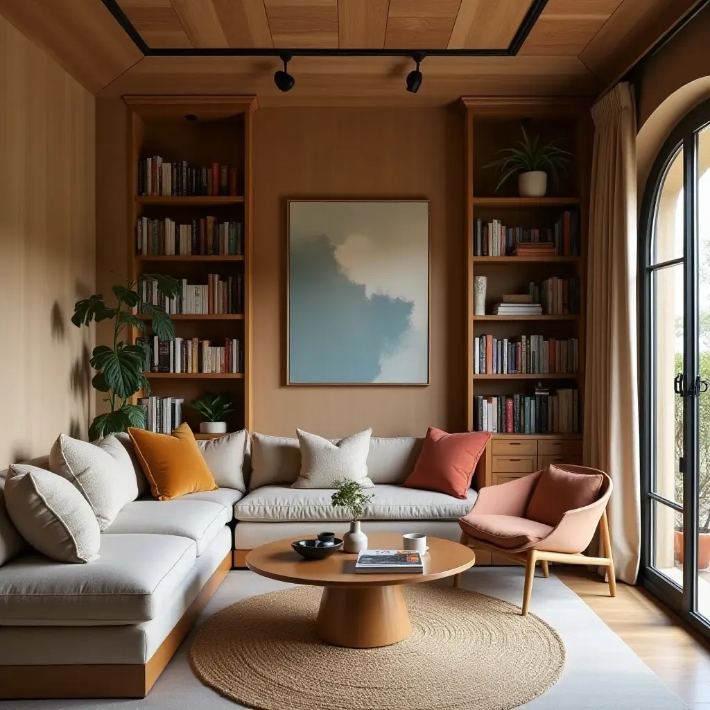 a photo of a cozy nook with bookshelves and Mediterranean accents