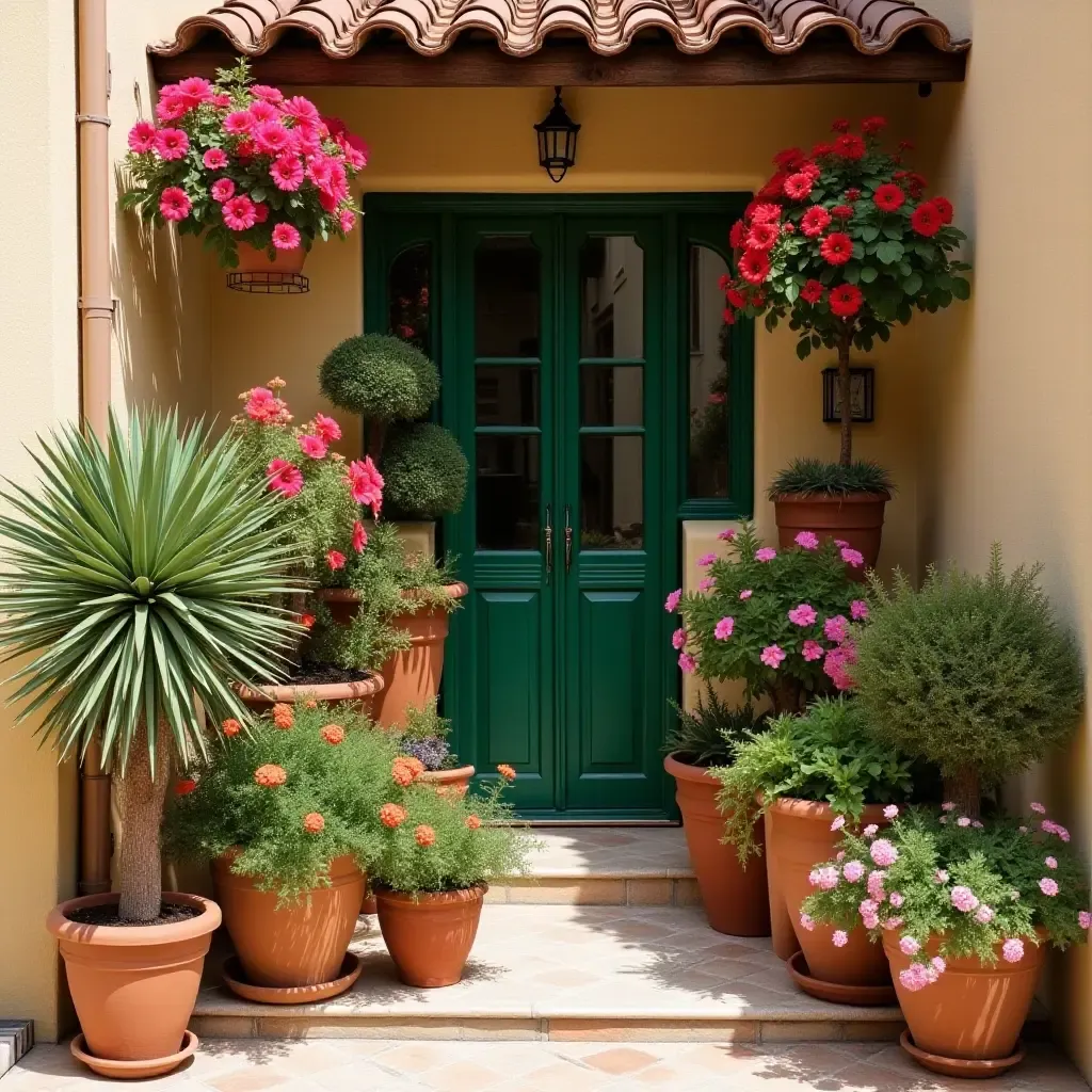 a photo of a cozy Mediterranean balcony with terracotta pots and vibrant flowers