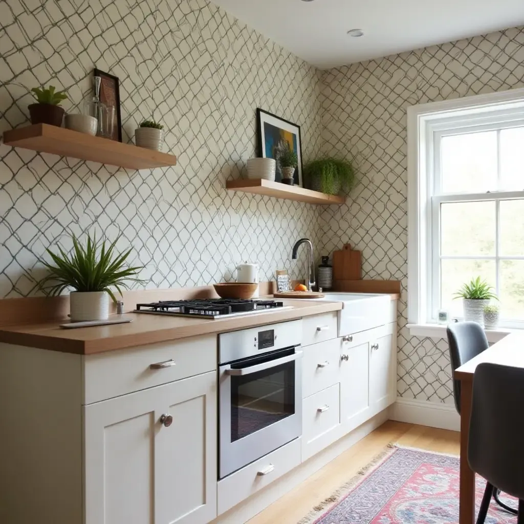 a photo of a bold patterned wallpaper backsplash adding personality to a small kitchen