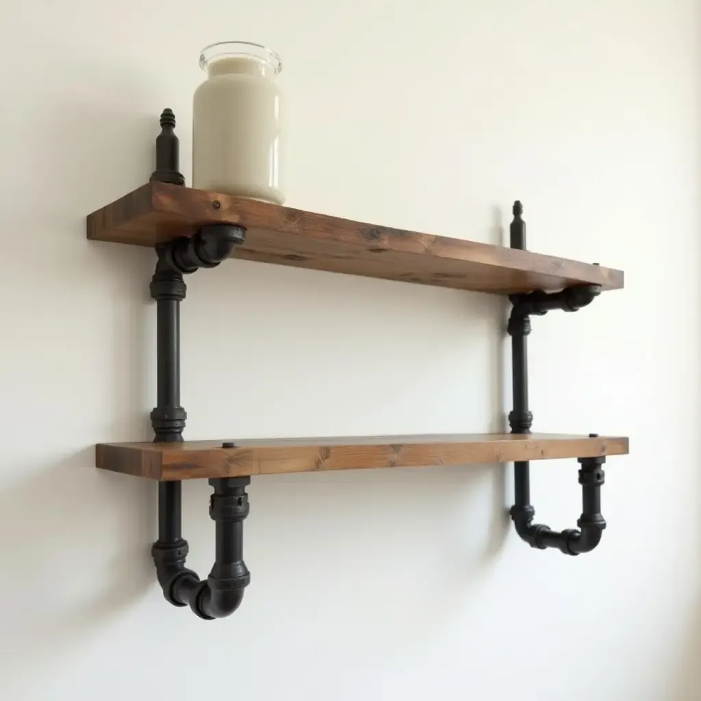 a photo of a wall-mounted shelf made from reclaimed wood and pipes