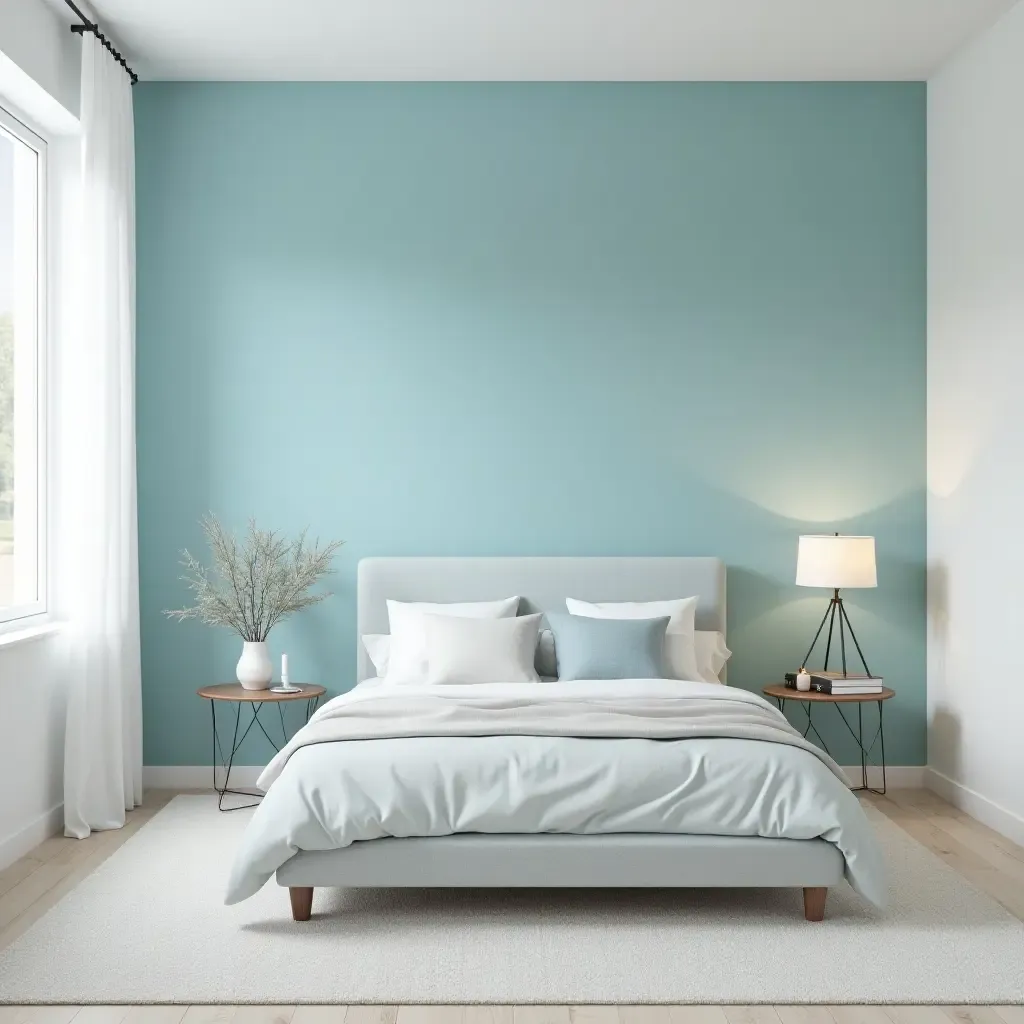 a photo of a spacious Scandinavian bedroom with a calming blue accent wall