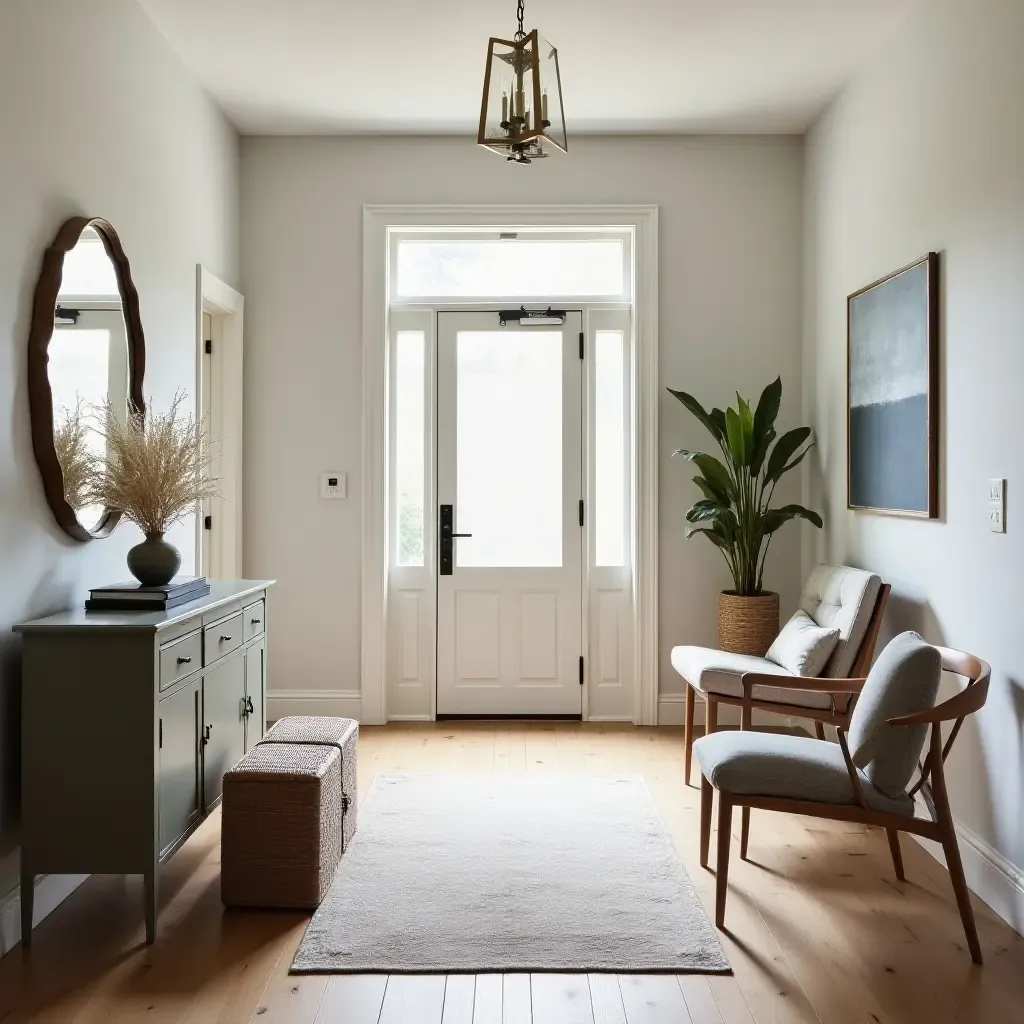 a photo of a welcoming foyer with a mix of vintage and contemporary pieces