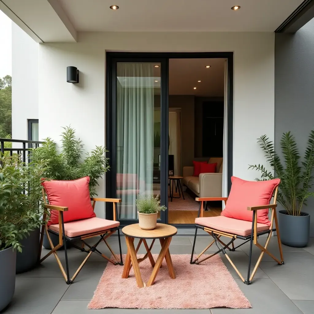 a photo of a compact balcony with foldable furniture and vibrant accessories