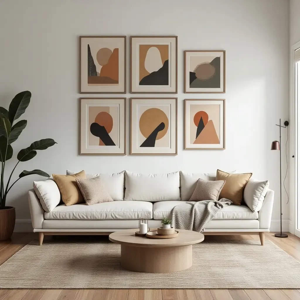 a photo of a living room with a gallery wall of Mediterranean art