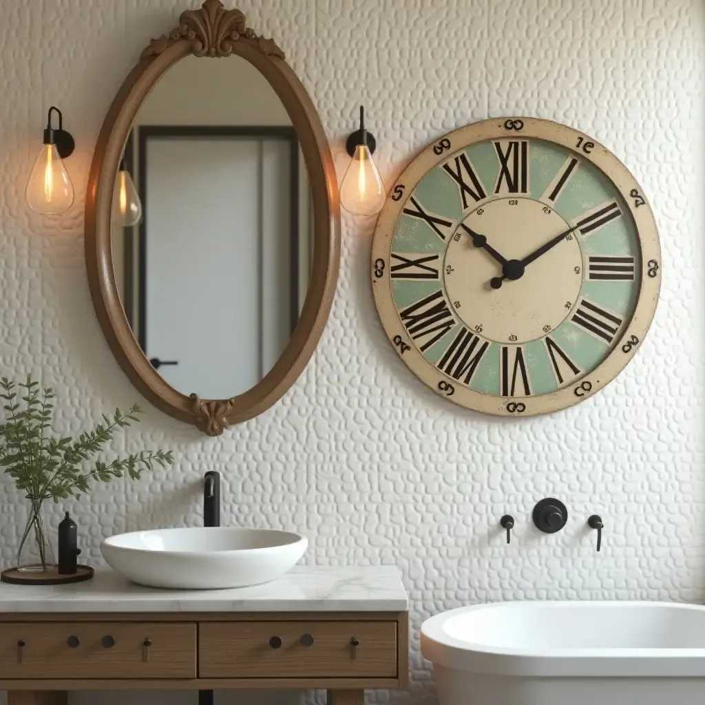 a photo of a vintage clock and art piece combination on a bathroom wall