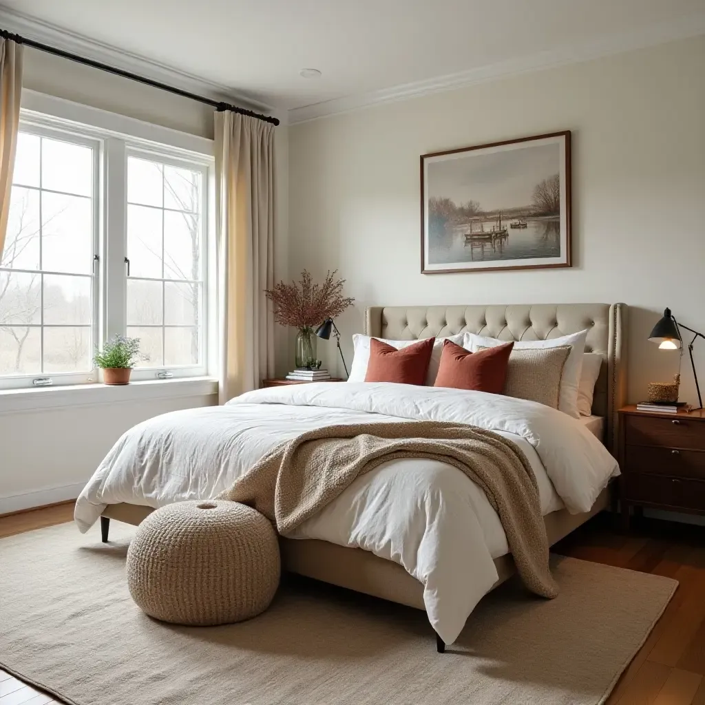 a photo of a modern bedroom with vintage accents like a quilt and contemporary pillows