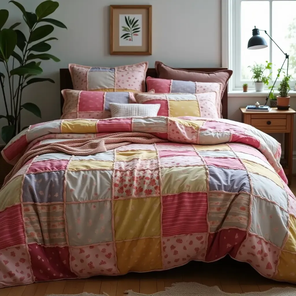 a photo of a cozy bed with a vibrant, patchwork duvet cover