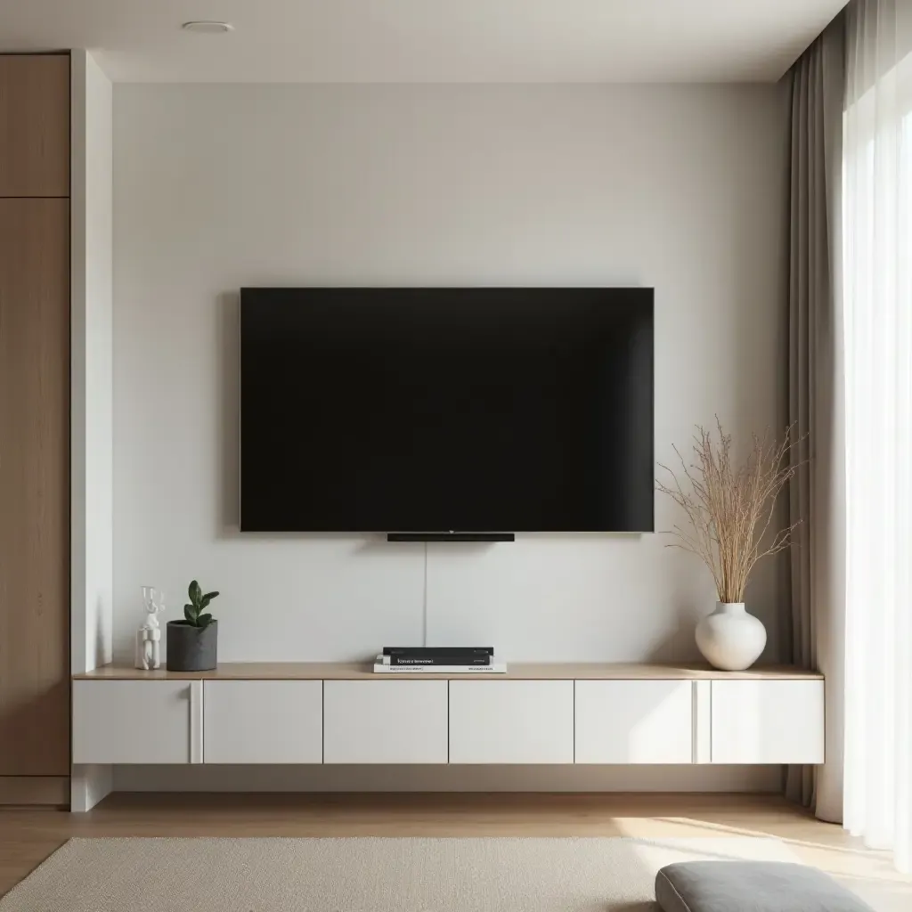 a photo of a minimalist small living room with a wall-mounted TV and hidden storage