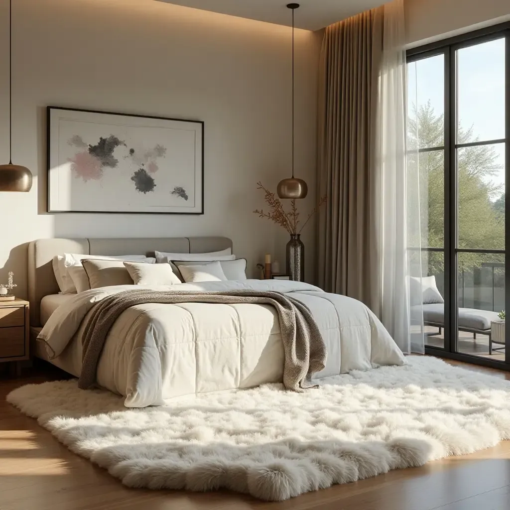 a photo of a plush area rug in a luxurious bedroom setting