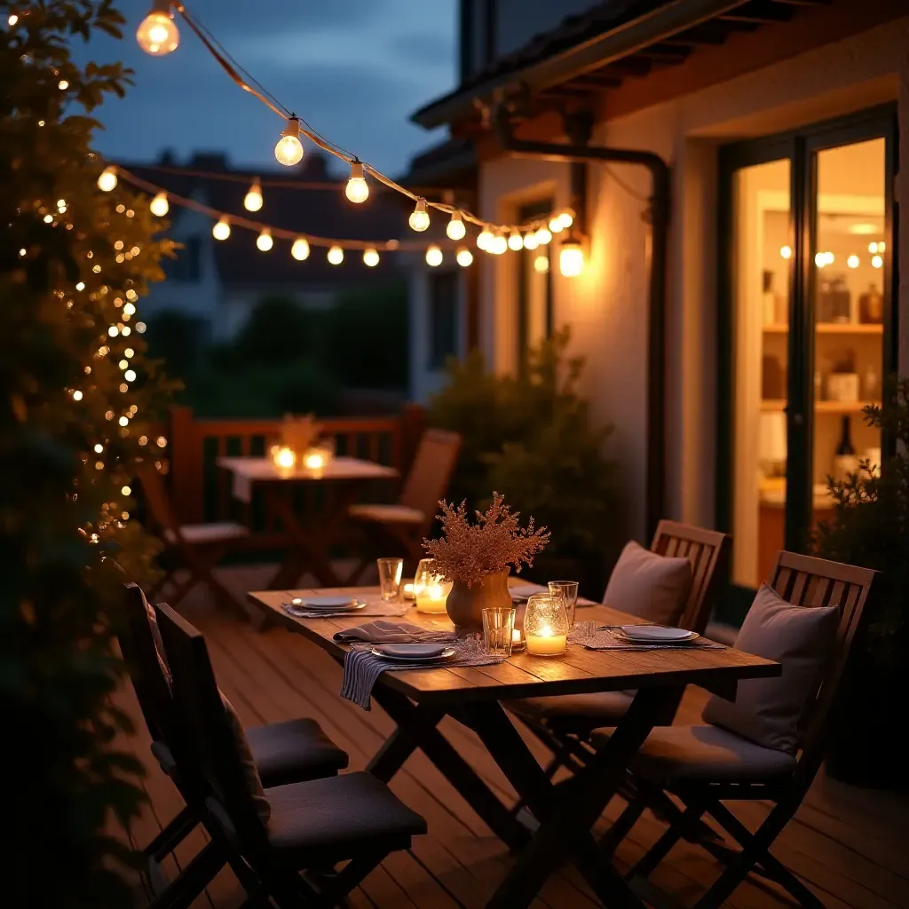 a photo of a balcony with a cozy outdoor dining area and fairy lights