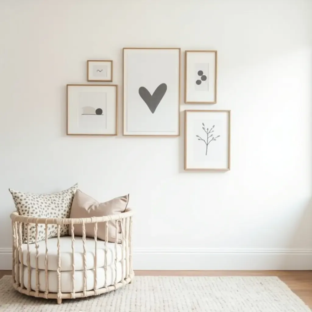 a photo of a nursery gallery wall with a modern art twist