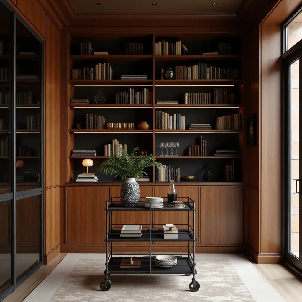 a photo of a glamorous library featuring a stylish bar cart and decor