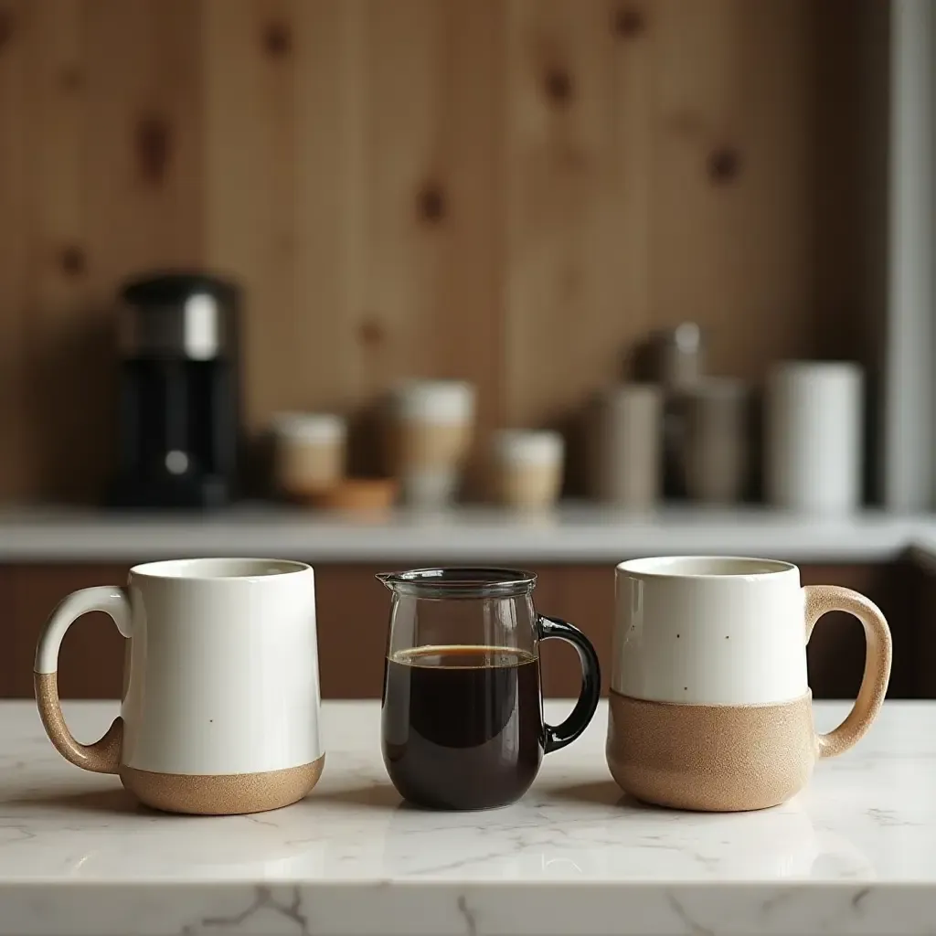 a photo of a countertop with a unique coffee station featuring artisanal mugs