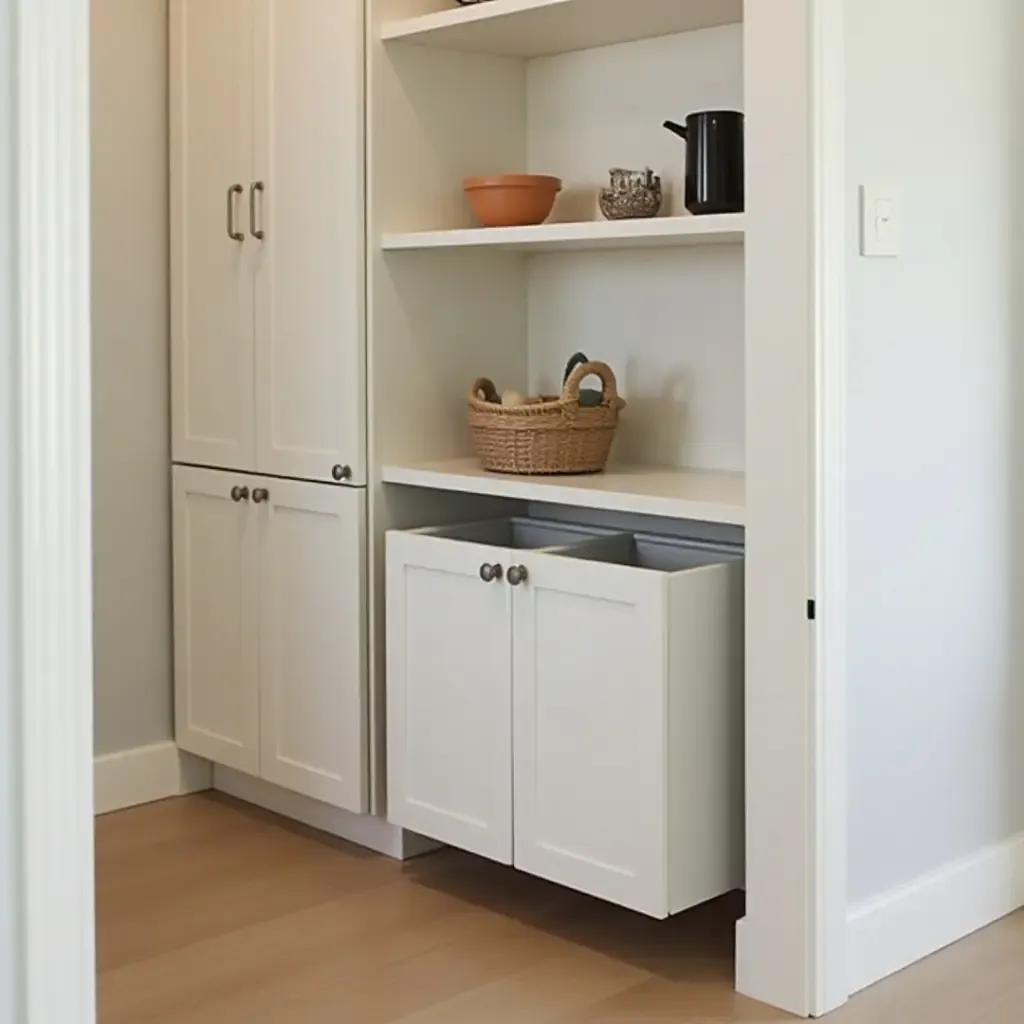 a photo of a pantry featuring a hidden trash bin for cleanliness