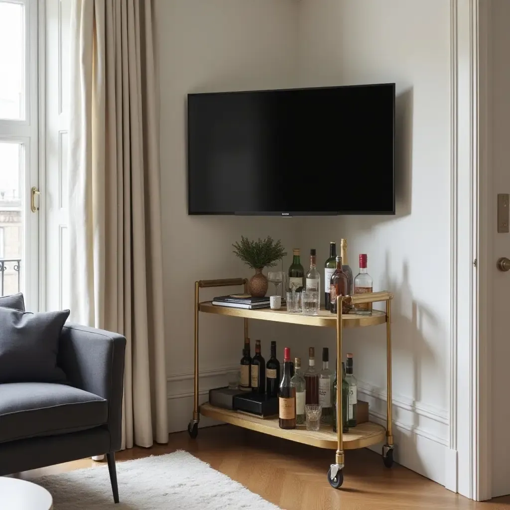 a photo of a corner TV incorporated into a chic bar cart