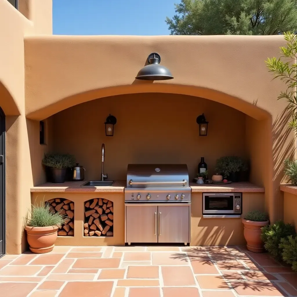 a photo of a traditional adobe-style outdoor kitchen with terracotta tiles