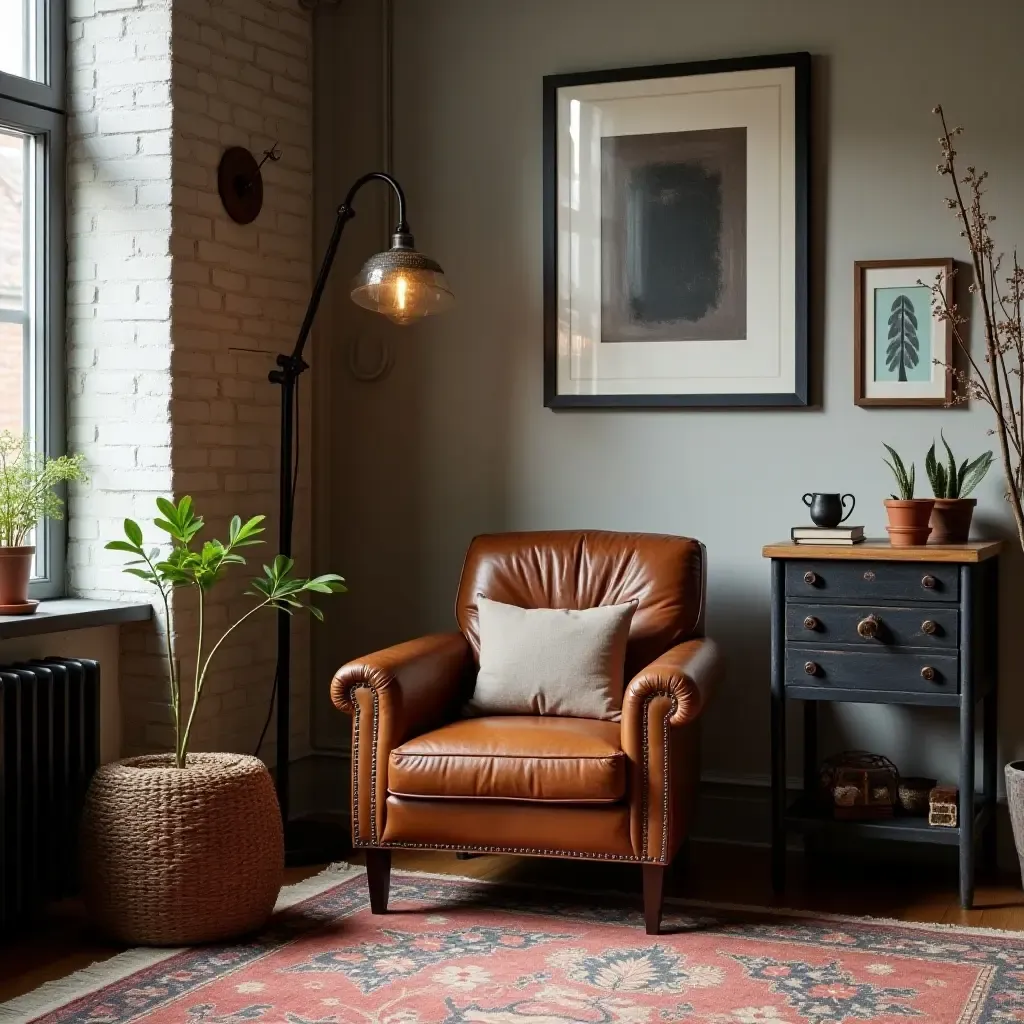 a photo of a living room with a vintage leather armchair and industrial decor