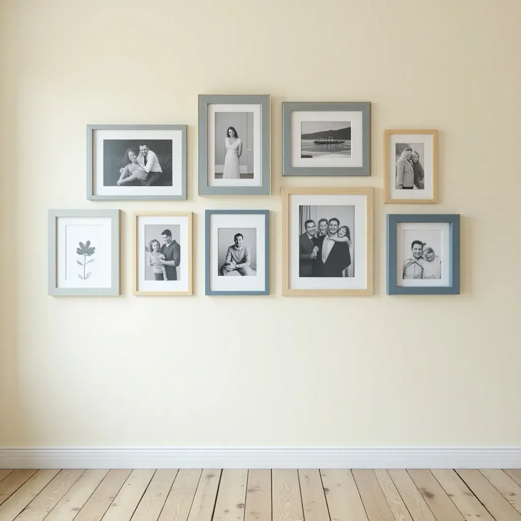 a photo of a cream and blue gallery wall showcasing framed artwork and family photos