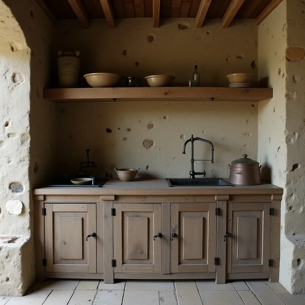 a photo of a vintage kitchen with distressed wood, rough stone, and antique metal fixtures