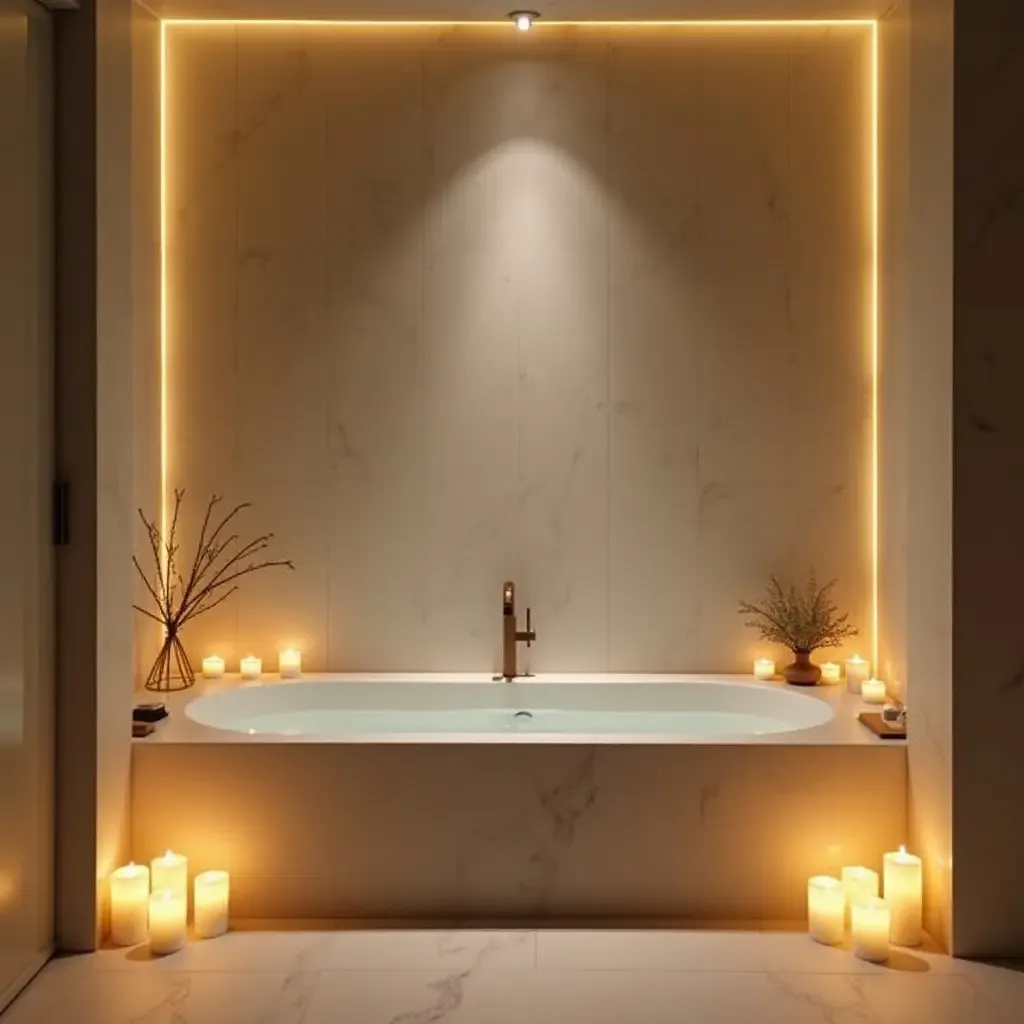 a photo of a serene bathroom with a large bathtub surrounded by candles