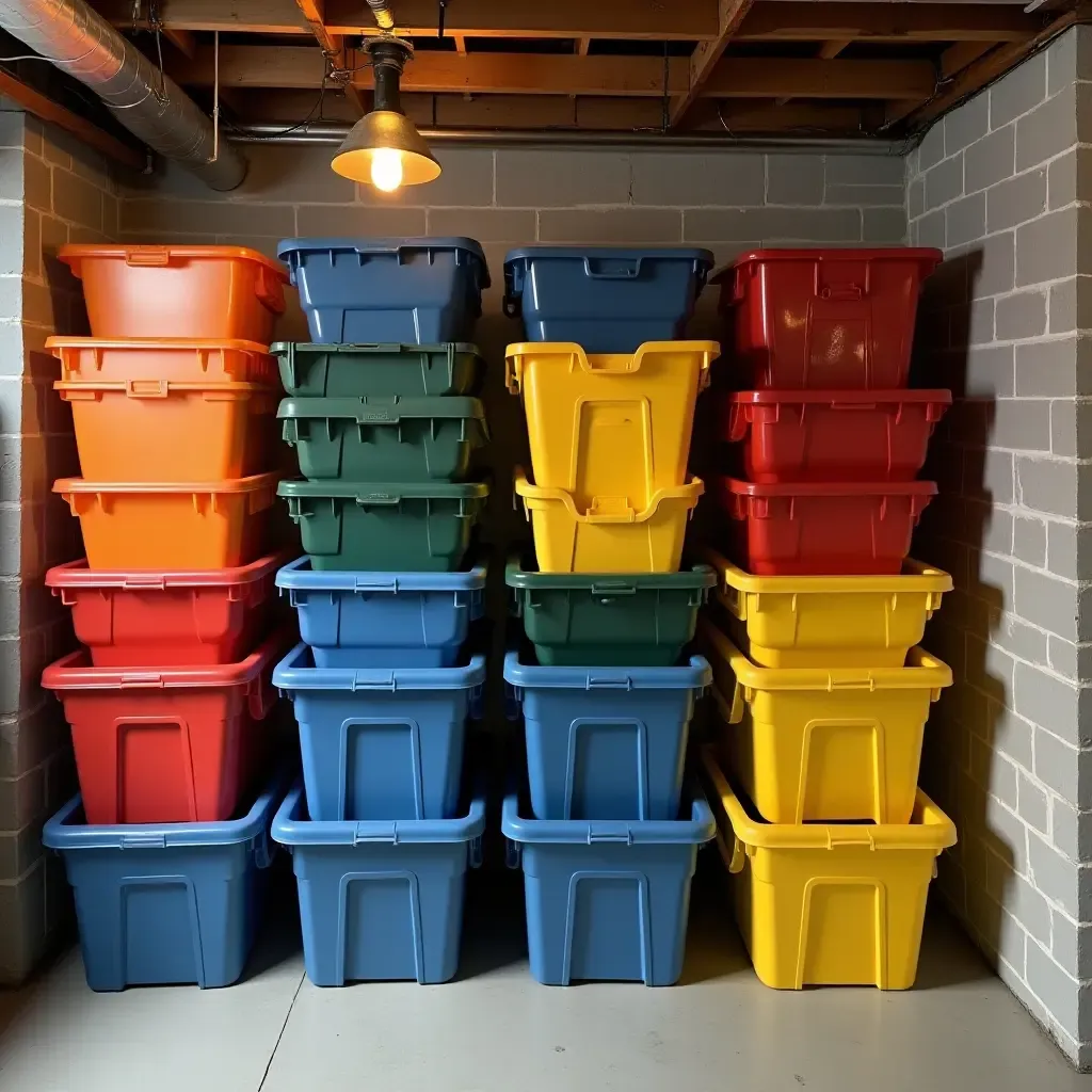 a photo of a basement featuring colorful storage bins neatly organized