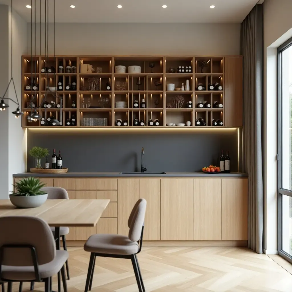 a photo of a wooden wine rack in a stylish kitchen