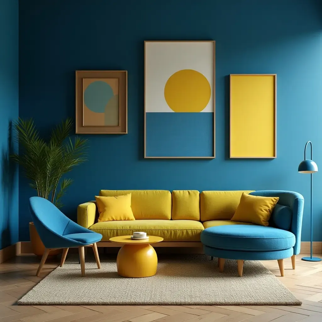 a photo of a vibrant space with a mix of blue and yellow accents