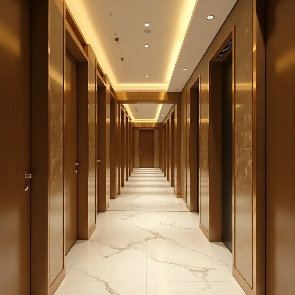 a photo of a glamorous corridor decorated with metallic accents