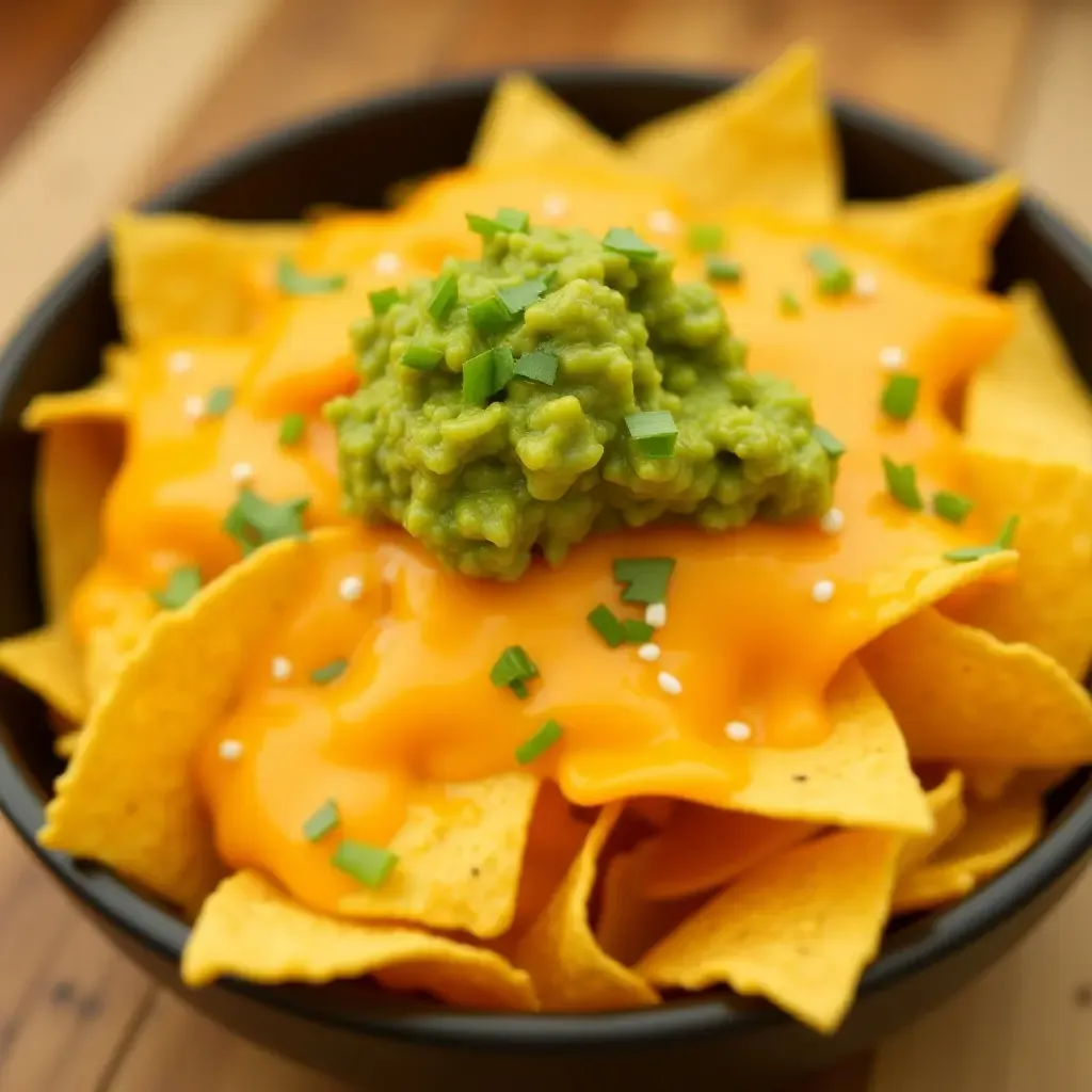 a photo of crispy corn tortilla chips topped with melted cheese and fresh guacamole.