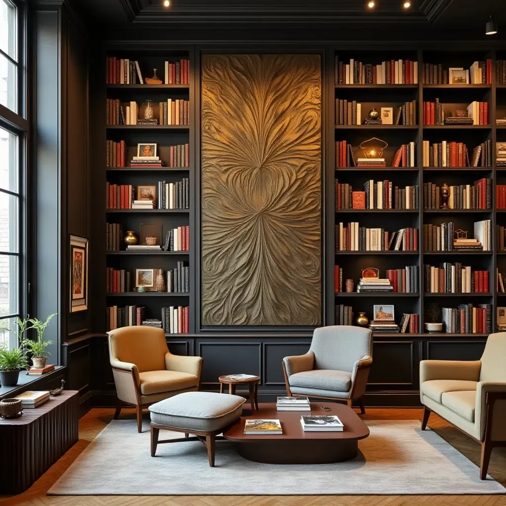 a photo of a library with metallic wall art and colorful books